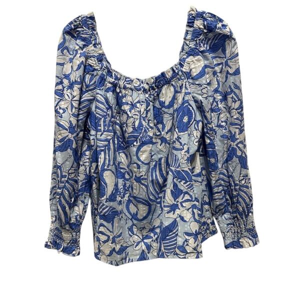 Vineyard Vines || Tropical Palm Ruffled Top Citrus Smocked Blue Small - Picture 1 of 6